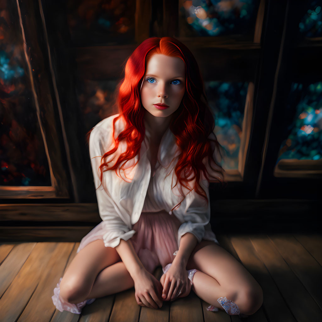 Woman with Red Hair and Blue Eyes Sitting by Window in White Shirt and Pink Skirt