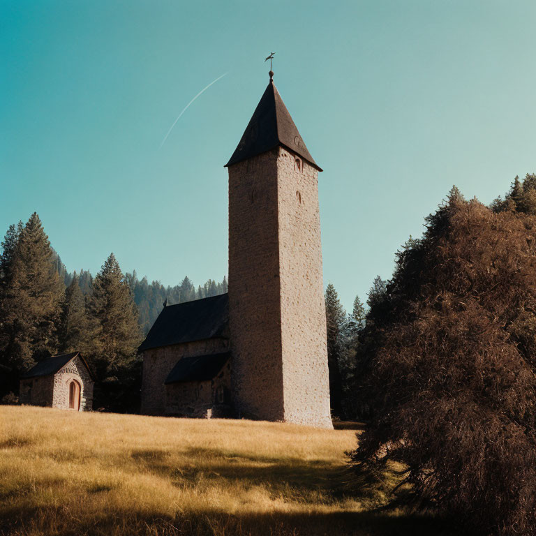 Stone church with tall spire in lush tree setting under clear blue sky