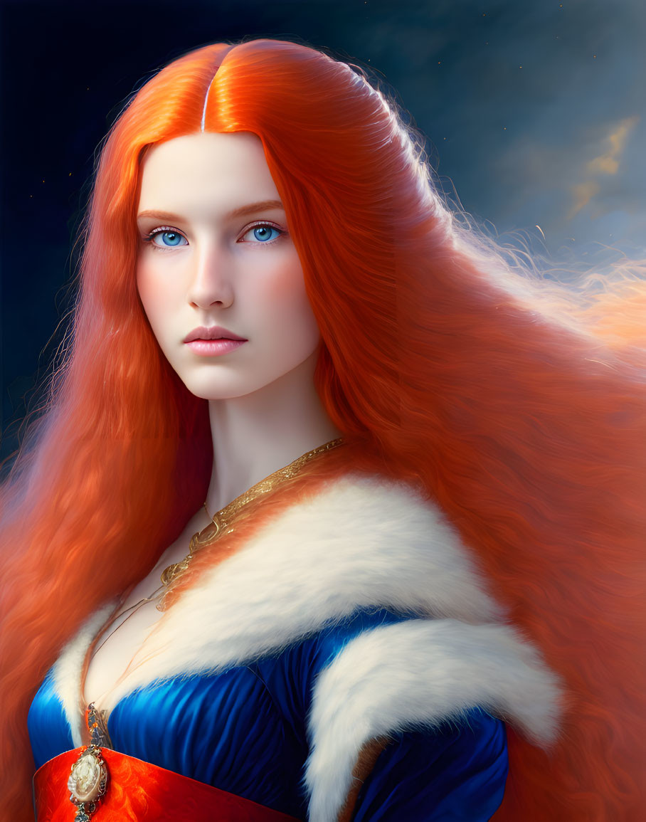 Digital portrait of woman with red hair, blue eyes, blue and red dress, fur collar, gold