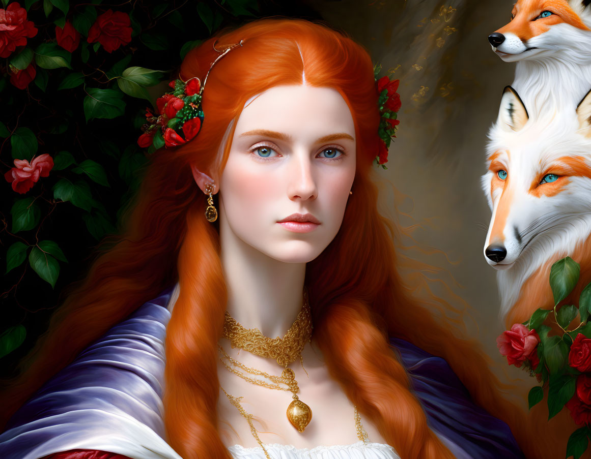 Red-haired woman with flowers and fox in mystical portrait.