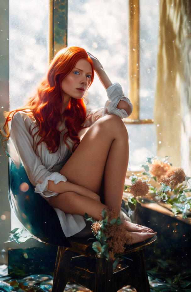 Red-haired woman sitting by window in sunlight with flowers