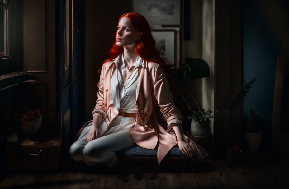 Red-haired woman in white outfit by window, pink coat and chic belt