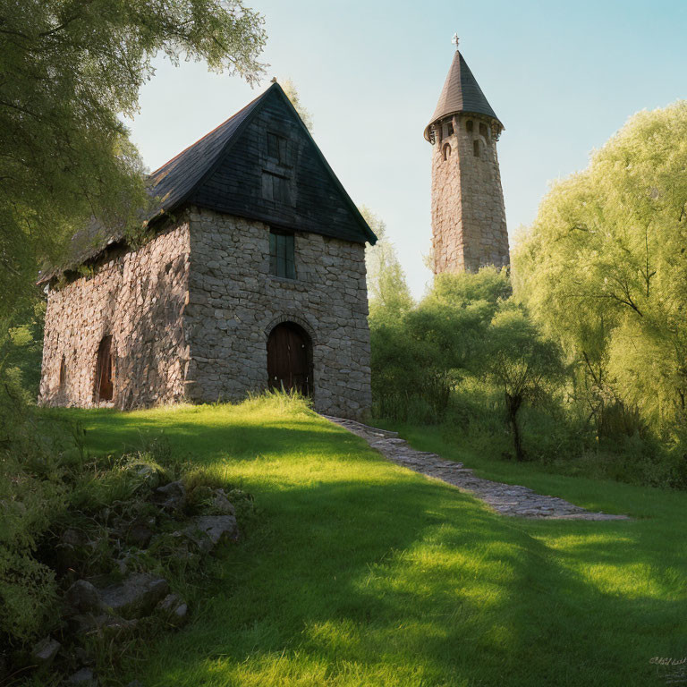 Stone building with wooden door & tall tower in serene green landscape with lush trees, cobblestone path