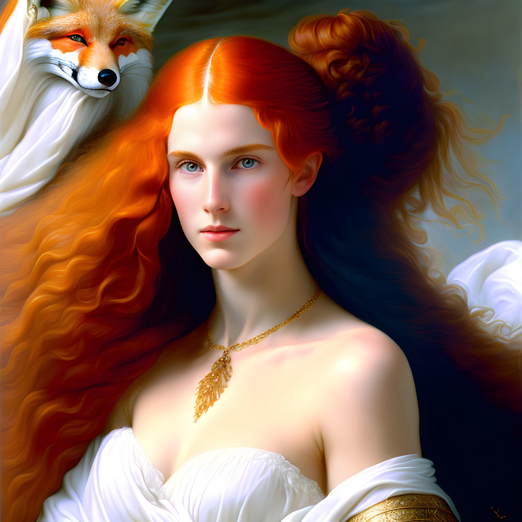 Portrait of woman with red hair and fox on shoulder.