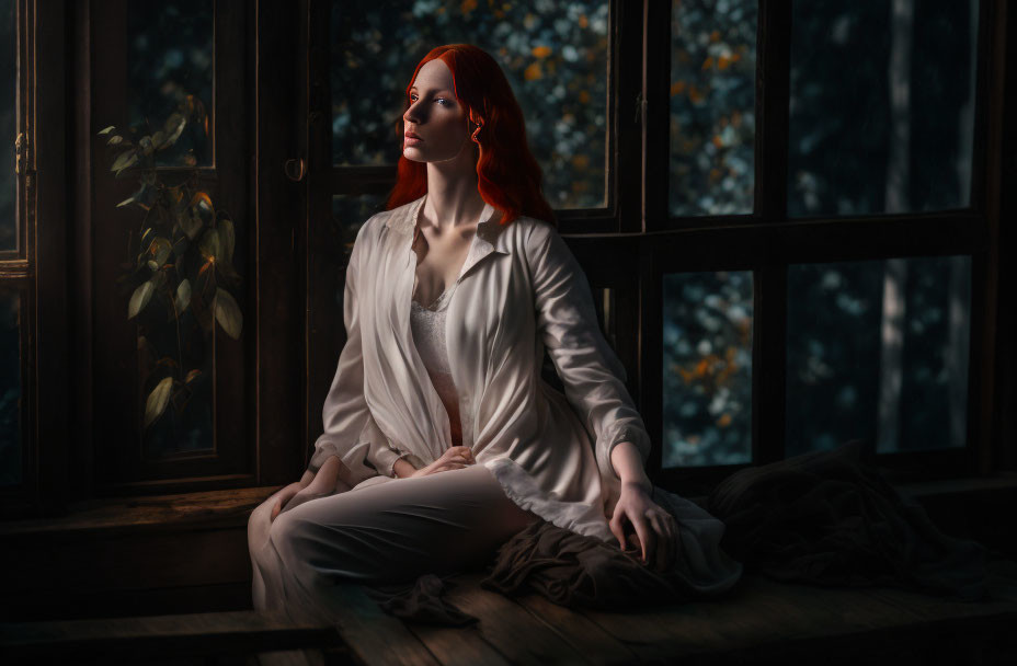 Red-haired woman gazes out window in soft twilight light.