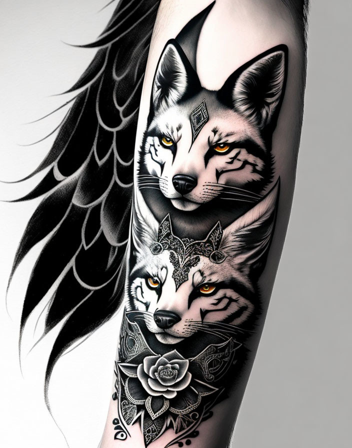 Detailed black and gray tattoo: stylized fox faces with intricate patterns on arm.