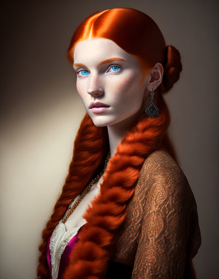 Detailed Digital Portrait of Woman with Blue Eyes and Braided Red Hair