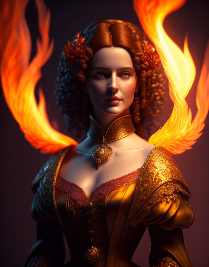 Digital art portrait of woman with fiery wings, golden dress, red flowers.