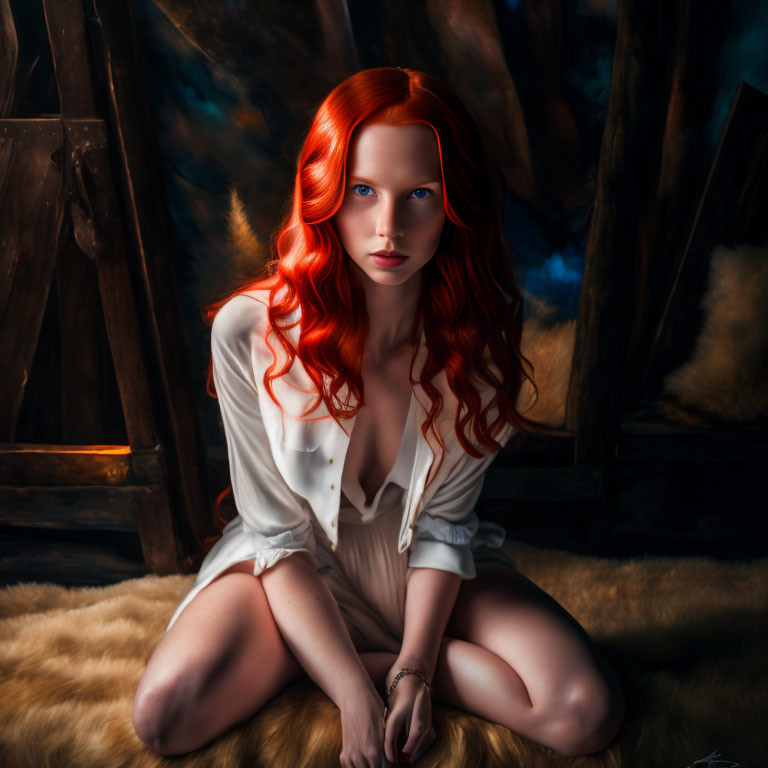 Red-haired woman sitting on fur throw against dark, moody backdrop