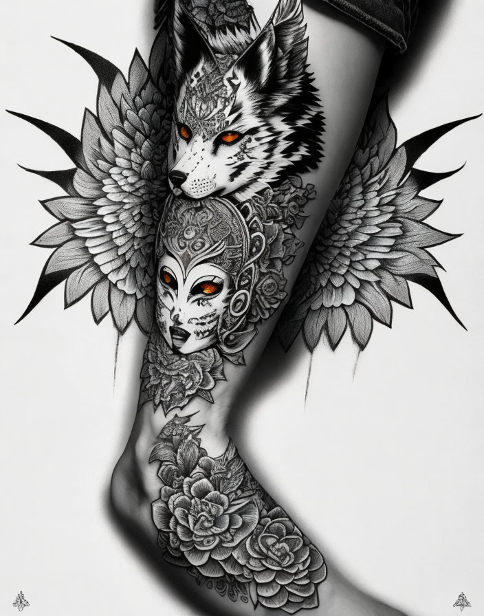 Detailed Black and White Winged Wolf and Masked Female Tattoo on Lower Leg