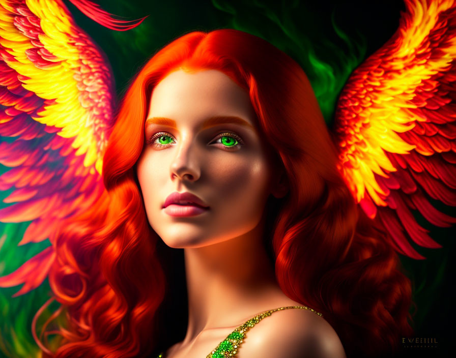 Vibrant red-haired woman with green eyes and fiery wings portrait