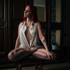 Red-haired woman gazes out window in soft twilight light.