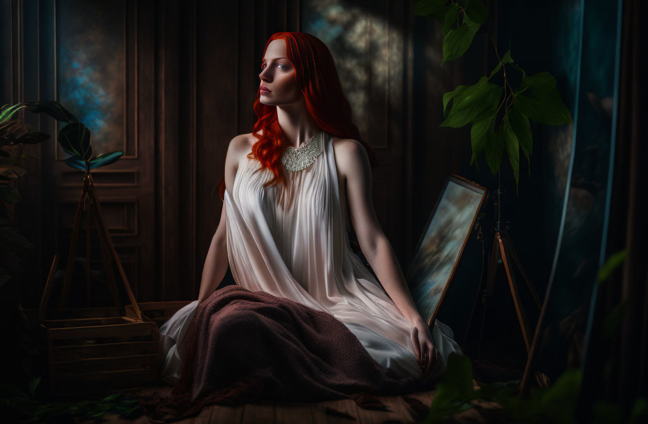 Striking Red-Haired Woman in Vintage Room with Soft Light