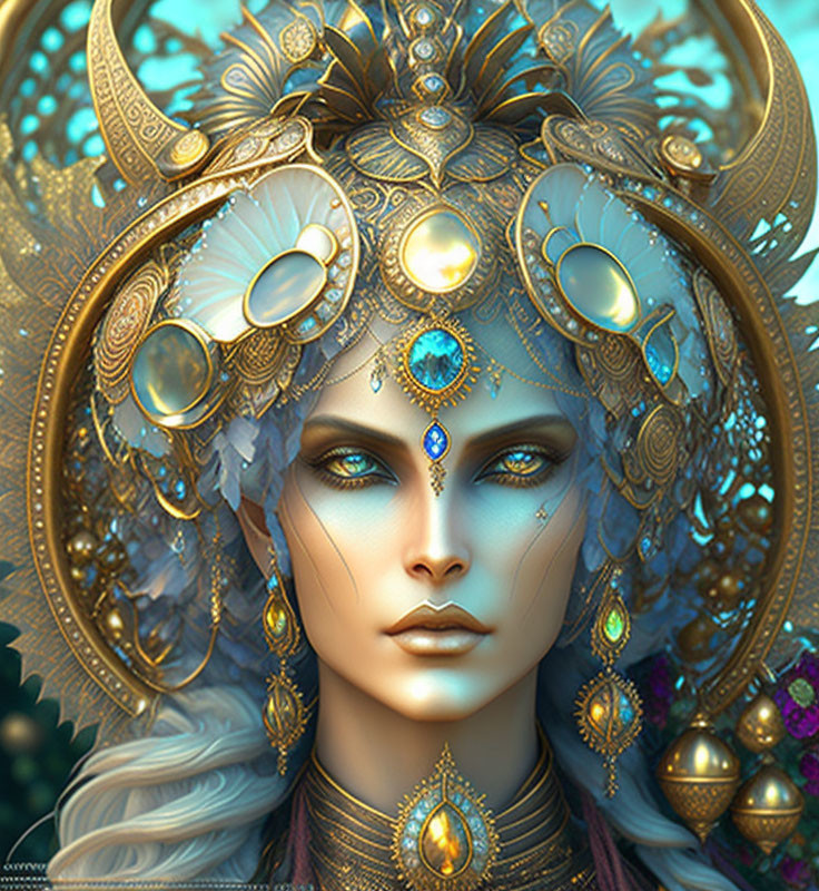 Ornate gold and blue headpiece on woman in digital art