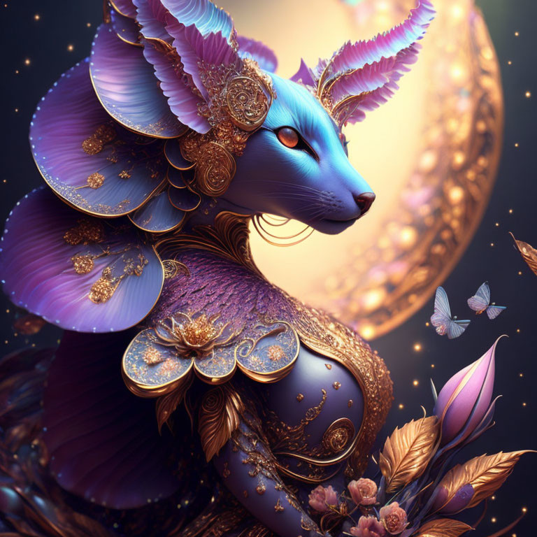 Blue mystical creature in golden armor with butterfly wings under moonlight