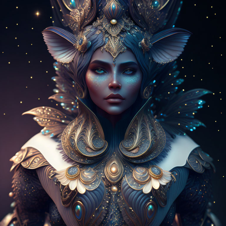 Fantastical portrait of character in ornate celestial armor and headpiece