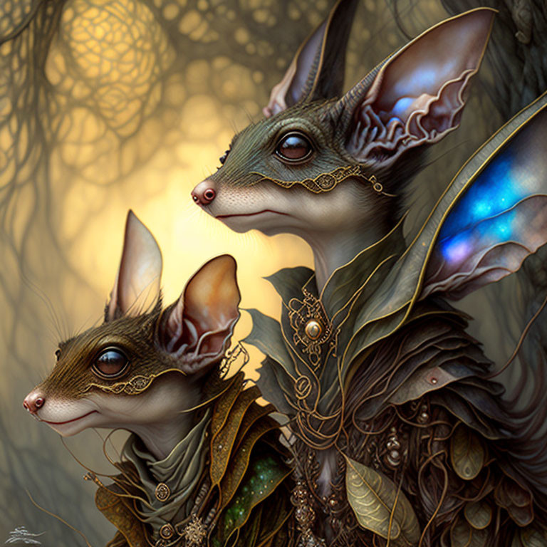 Anthropomorphic creatures with rodent-like features in mystical forest.