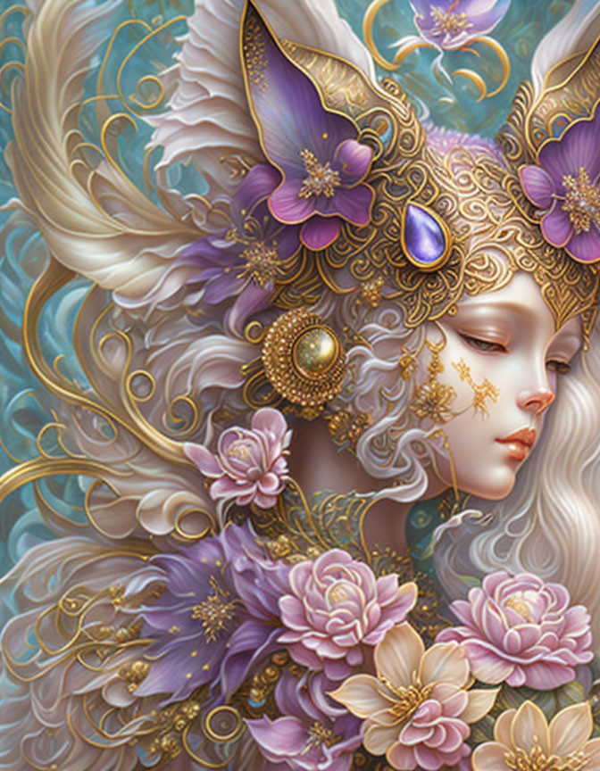 Detailed fantasy image of person with elfin features, gold jewelry, surrounded by flowers and feathers