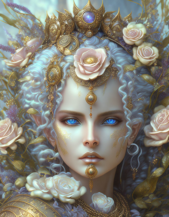 Ethereal woman with blue eyes, gold crown, pink roses, and golden jewelry