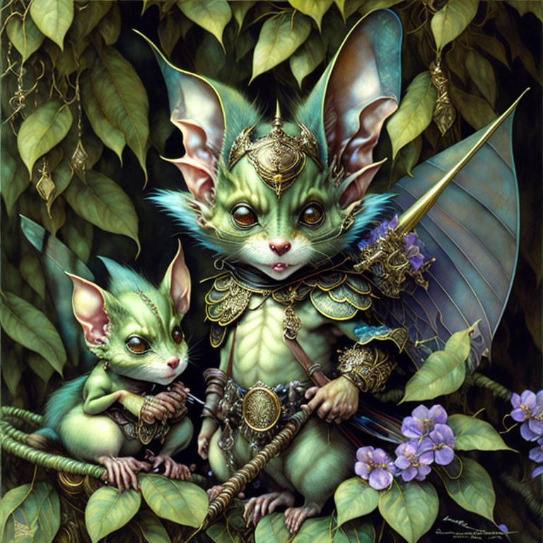 Green-skinned creatures with big ears in fantasy illustration among vines and flowers