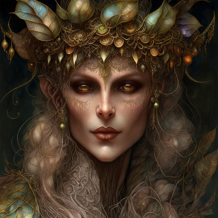 Intricate golden headgear and filigree mask on ethereal figure