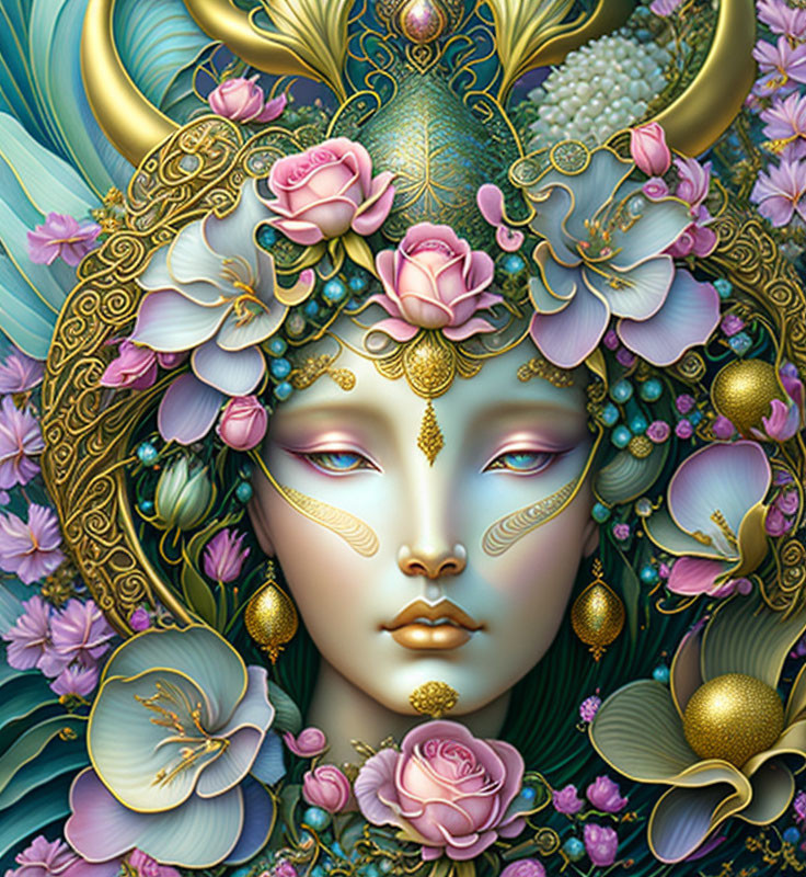 Fantasy figure with golden horns and rose-adorned headdress among blue flowers