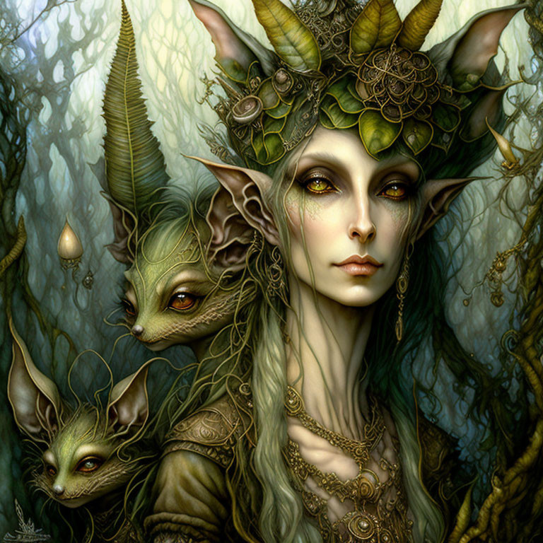 Mystical female figure with pointed ears and green headgear in forest setting