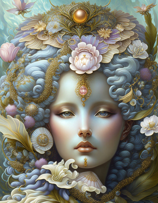 Surreal portrait of feminine face with floral and ornamental elements