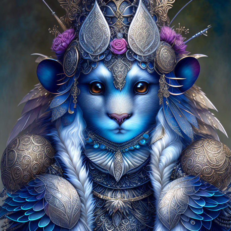 Fantastical Blue Feline Creature in Silver Armor and Jewelry