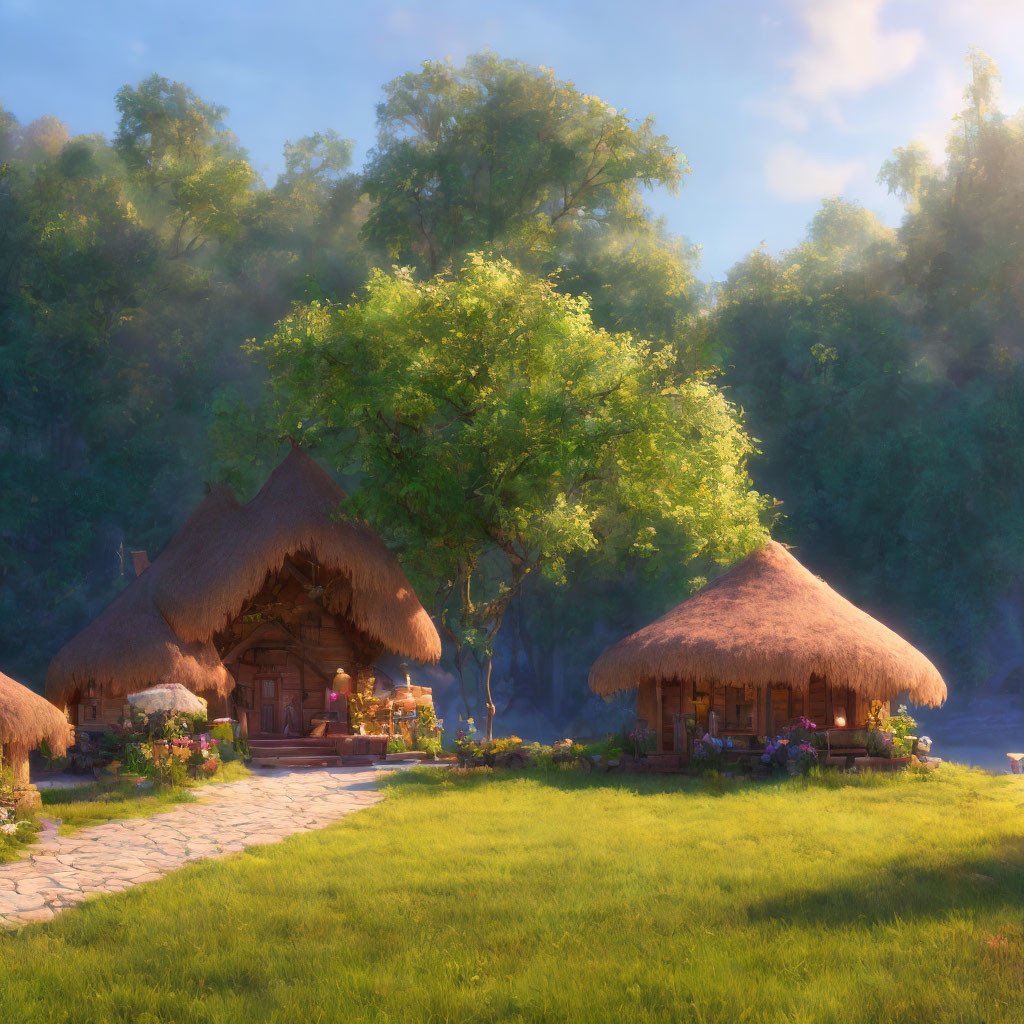 Tranquil village scene with thatched-roof cottages and lush greenery