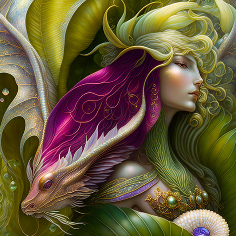 Fantasy illustration of woman with green hair and dragon in lush setting