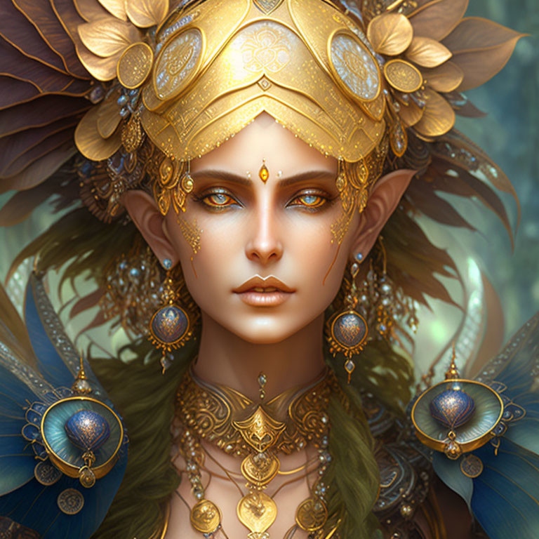 Fantasy character with elfin ears, golden headdress, jewelry, brown eyes, and winged