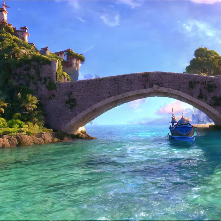 Stone arch bridge over blue waterway with lush greenery and oriental-style buildings.