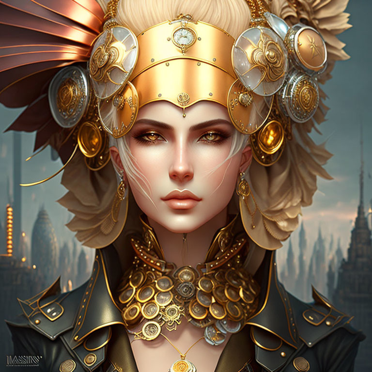 Elven woman with golden headgear in fantasy city setting