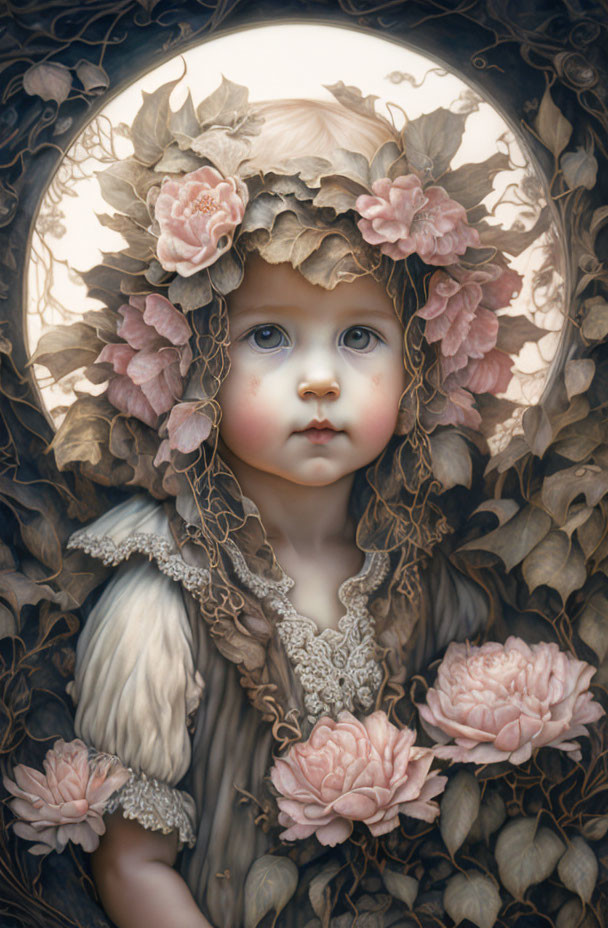 Portrait of young child in vintage dress with blue eyes and floral hat.