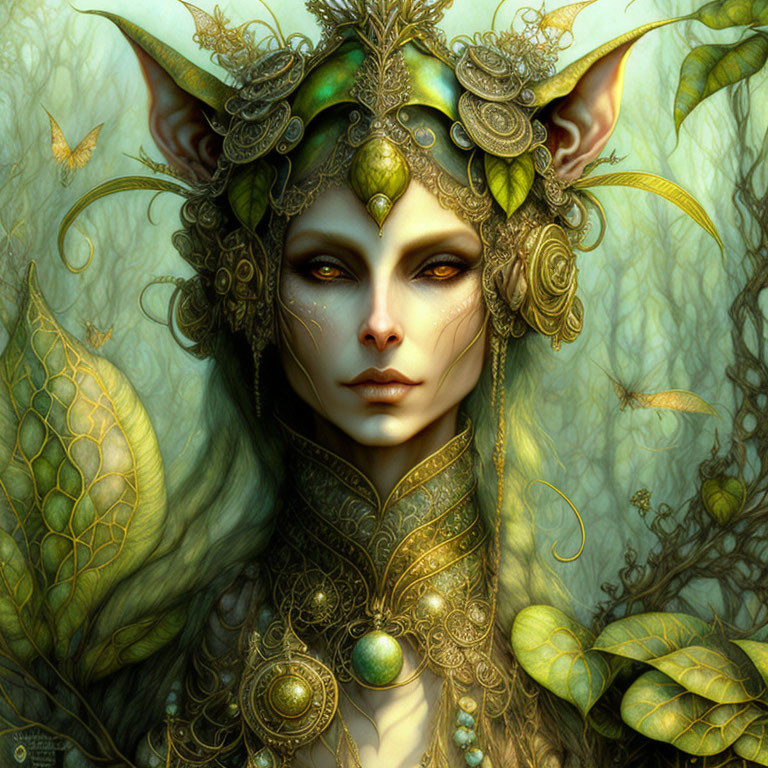 Ethereal female figure with leaf-inspired gold headgear