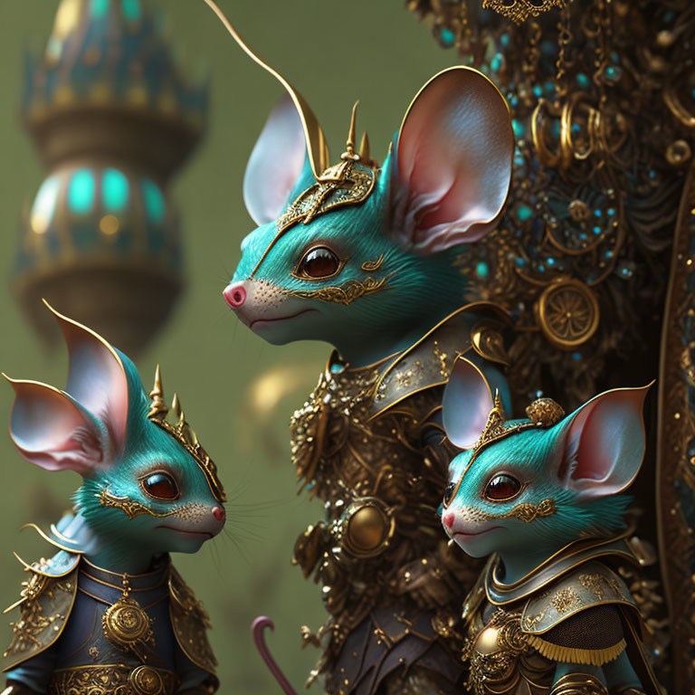 Ornate armored humanoid mice with crowns in golden and blue setting