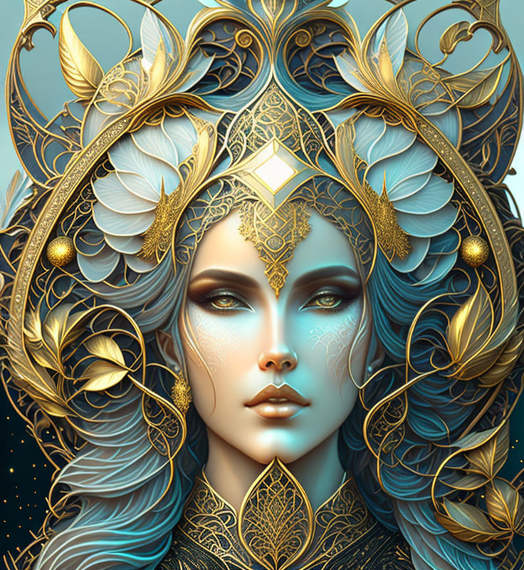 Detailed digital portrait: Woman with blue hair, ornate golden floral headdress