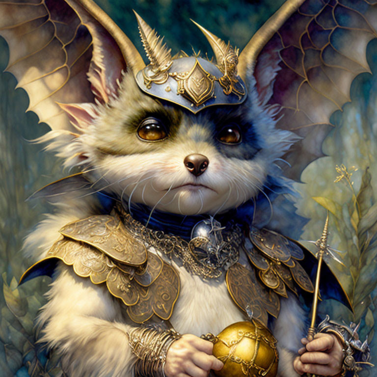 Anthropomorphic cat in ornate armor with crown, scepter, and golden orb in mystical forest