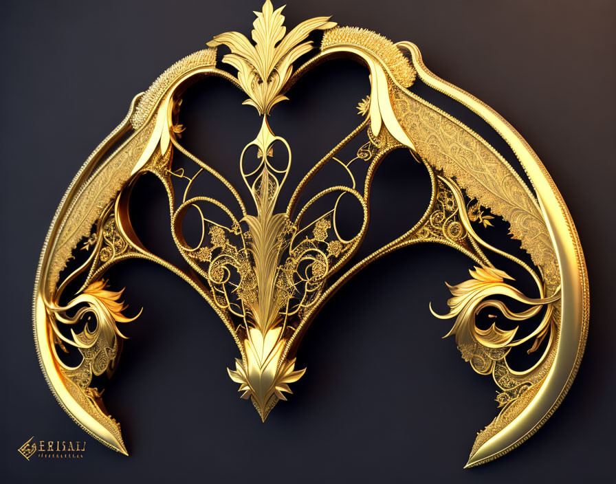 Golden 3D rendering of ornate heart with swirls and floral patterns