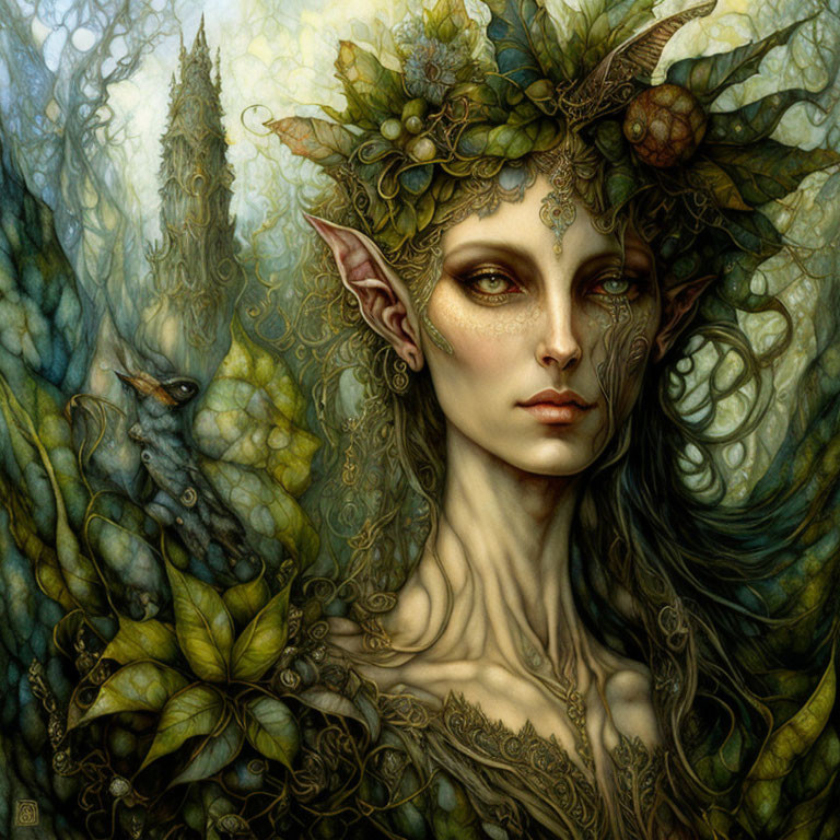 Fantasy female figure with pointed ears in leafy headpieces in ethereal forest