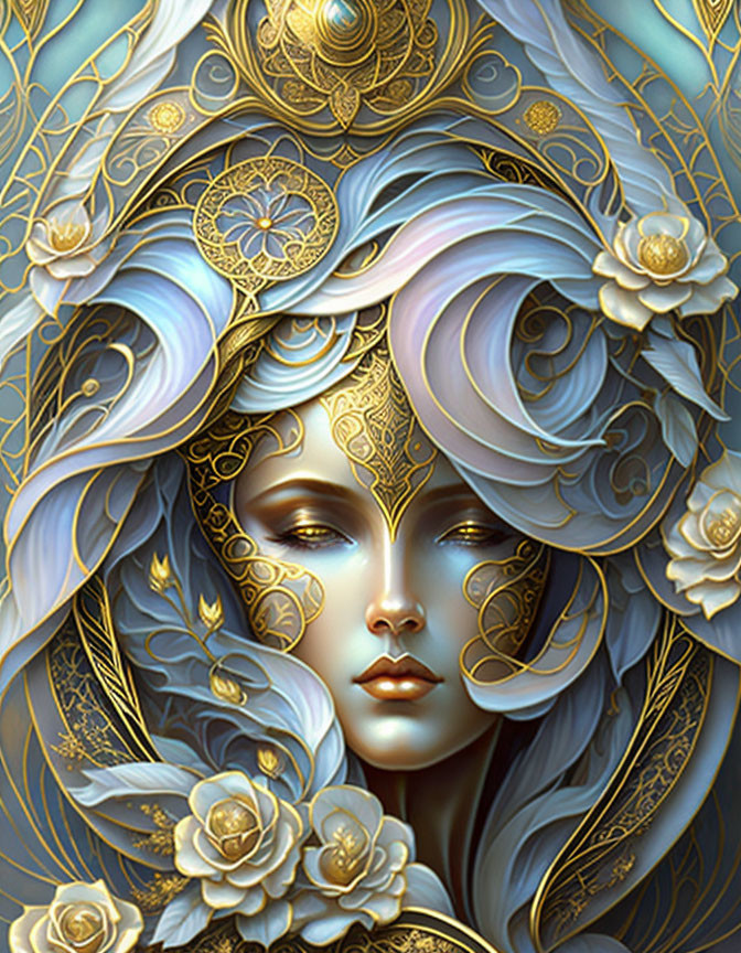 Intricate gold and blue floral motifs on serene woman portrait