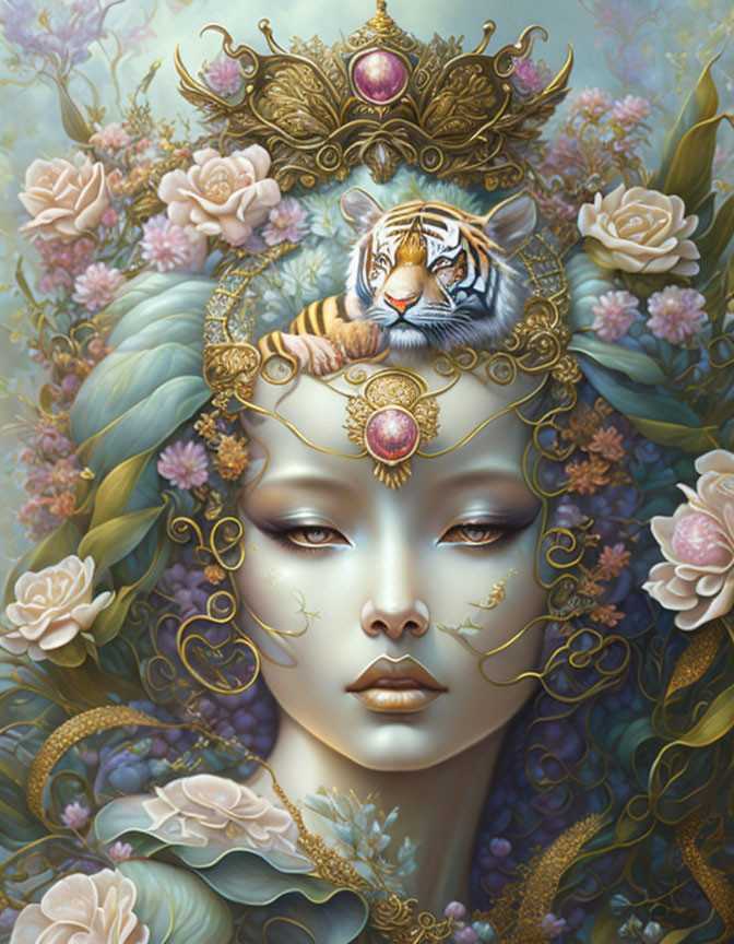 Ethereal artwork featuring woman with tiger, roses, crown, and jewelry