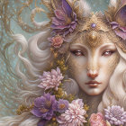 Detailed fantasy image of person with elfin features, gold jewelry, surrounded by flowers and feathers