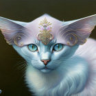 Blue Feline Creature with Wings and Floral Crown in Fantasy Illustration