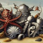 Steampunk-style mechanical marine life with intricate details and golden hues