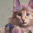 Digitally enhanced cat with blue eyes and purple floral crown among matching flowers