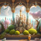 Fantastical landscape with whimsical architecture and colorful creatures