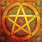 Golden pentacle with geometric and mandala designs on amber background