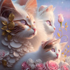 Ornate stylized cats with golden jewelry in rose and twilight setting